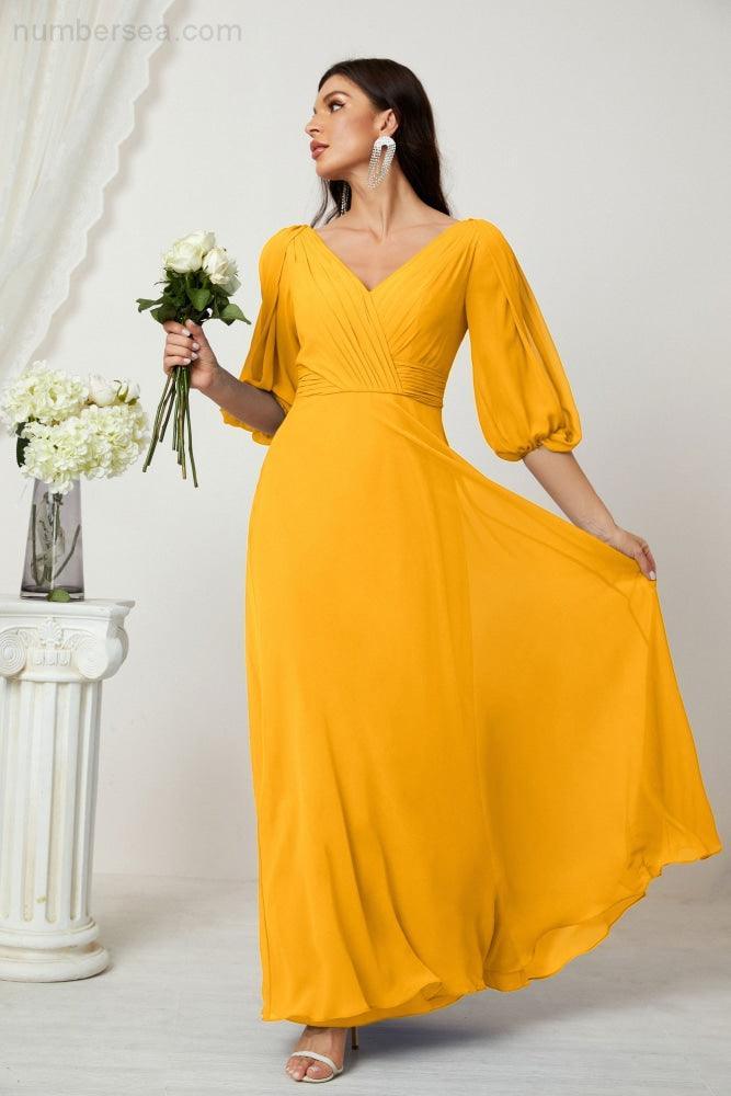 Numbersea  Formal Prom Gown Women V-Neck Chiffon Bridesmaid Dresses Long Bishop Sleeve Party Dress 2807