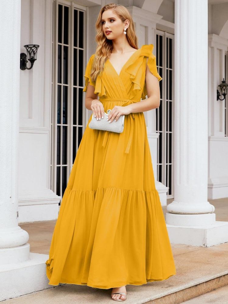 Numbersea Women's Open Back Formal Evening Party Prom Gowns V-Neck Long Chiffon Bridesmaid Dresses with Waist Belt 28038