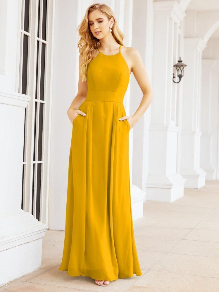 Numbersea Halter Bridesmaid Dresses with Pockets Sleeveless Formal Evening Party Prom Gowns  28055