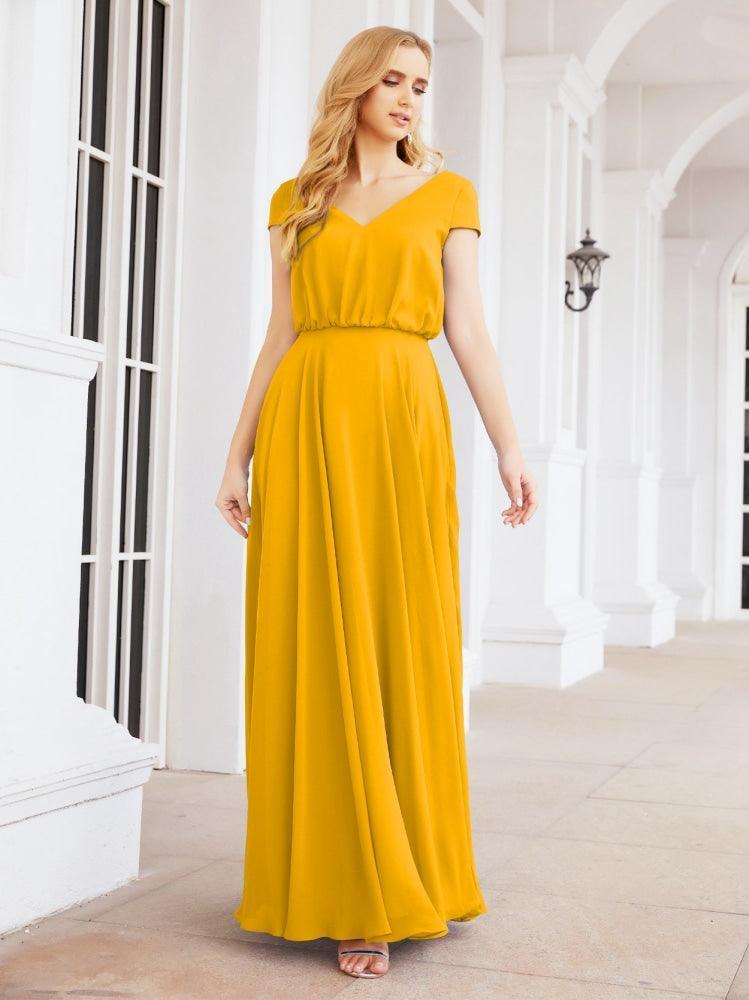 Numbersea V-Neck Bridesmaid Dresses Long Cap Sleeves Prom Evening Formal Gowns 28071