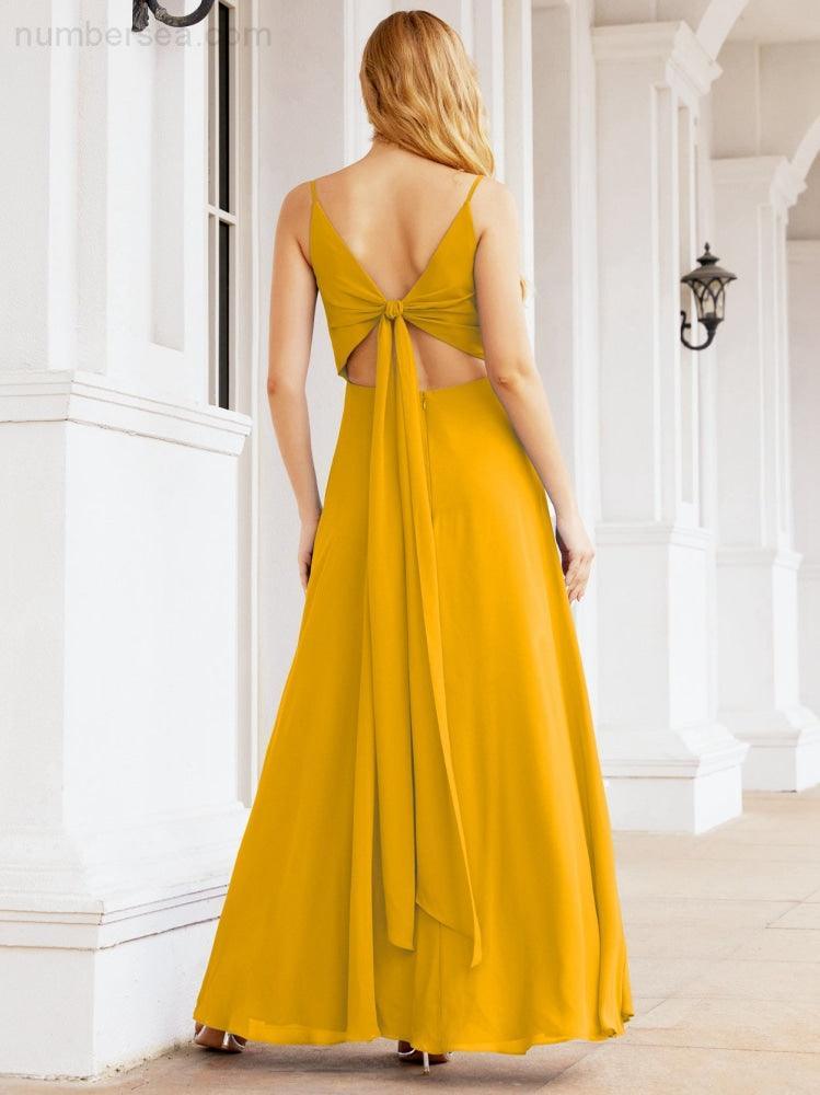 Numbersea Spaghetti Strap Bridesmaid Dresses V Neck Butterfly Back Fromal Evening Party Prom Gown 28036
