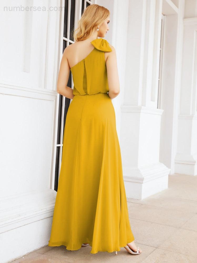 Numbersea Chiffon Ruffled One Shoulder Sleeveless Long Bride Dresses A-line Formal Evening Gown Side Split 28057