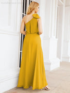 Numbersea Chiffon Ruffled One Shoulder Sleeveless Long Bride Dresses A-line Formal Evening Gown Side Split 28057