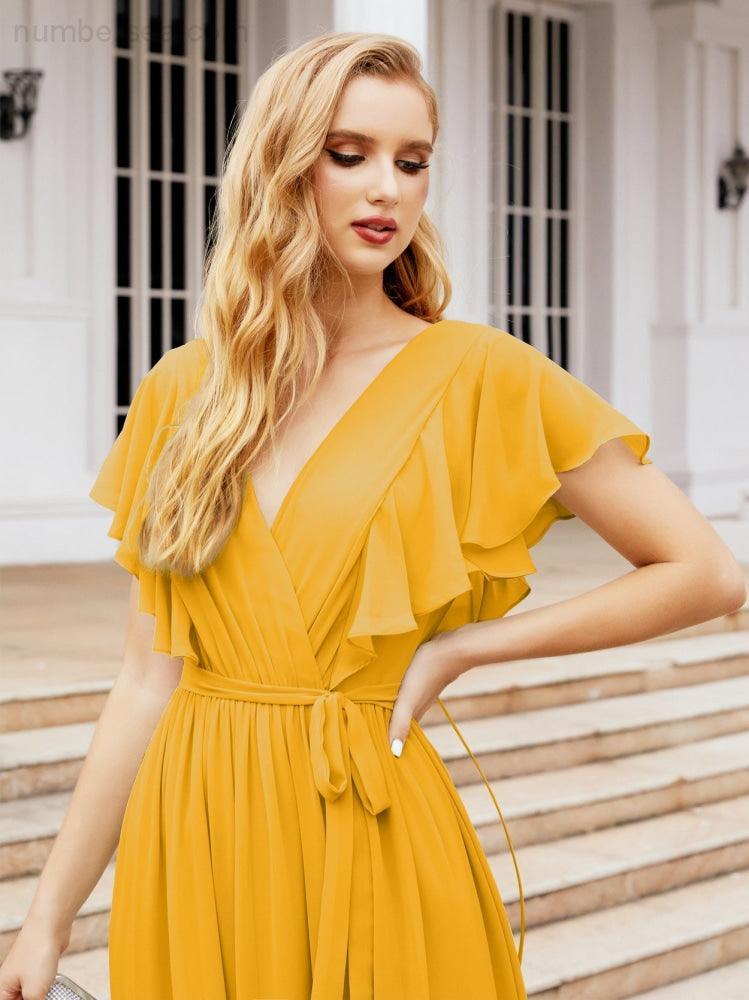 Numbersea Women's Open Back Formal Evening Party Prom Gowns V-Neck Long Chiffon Bridesmaid Dresses with Waist Belt 28038