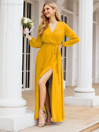 Numbersea Women's Chiffon Bridesmaid Dress A line Long Sleeves Formal Evening Prom Gown for Wedding Guest 28032