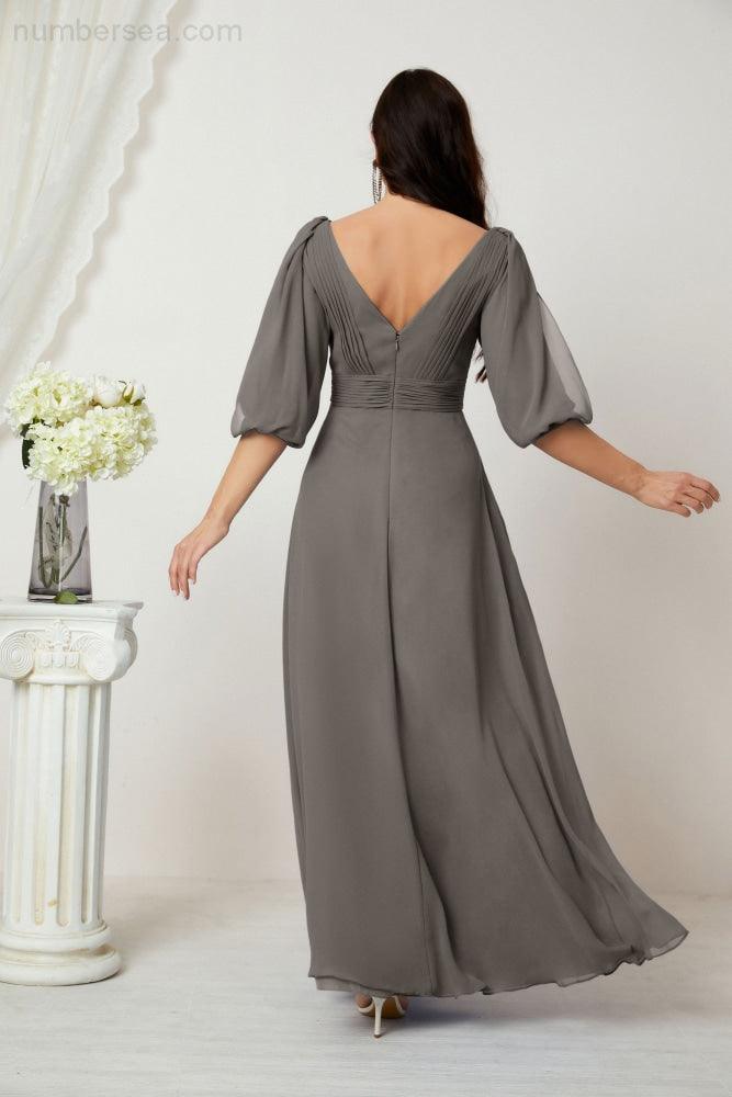Numbersea  Formal Prom Gown Women V-Neck Chiffon Bridesmaid Dresses Long Bishop Sleeve Party Dress 2807
