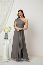 Numbersea  Chiffon Ruffled One Shoulder Long Bridesmaid Dresses A-line Formal Evening Gown Side Split 2809