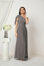 Numbersea  Chiffon Ruffled One Shoulder Long Bridesmaid Dresses A-line Formal Evening Gown Side Split 2809