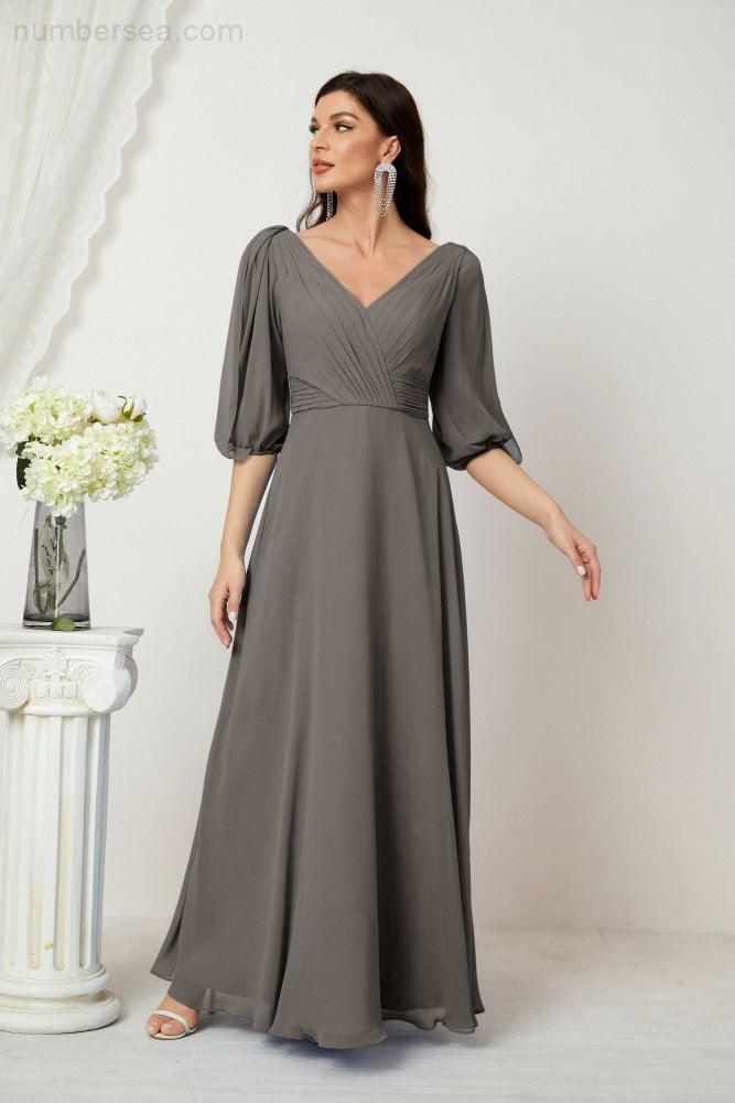 Numbersea  Formal Prom Gown Women V-Neck Chiffon Bridesmaid Dresses Long Bishop Sleeve Party Dress 2807