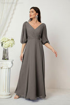 Numbersea  Formal Prom Gown Women V-Neck Chiffon Bridesmaid Dresses Long Bishop Sleeve Party Dress 2807