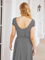 Numbersea V-Neck Bridesmaid Dresses Long Cap Sleeves Prom Evening Formal Gowns 28071
