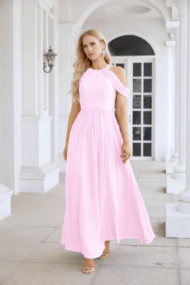 Ladies Chiffon Off Shoulder Swing Sleeve Front Slit Bridesmaid Evening Dress Wedding Party Evening Dress 28117