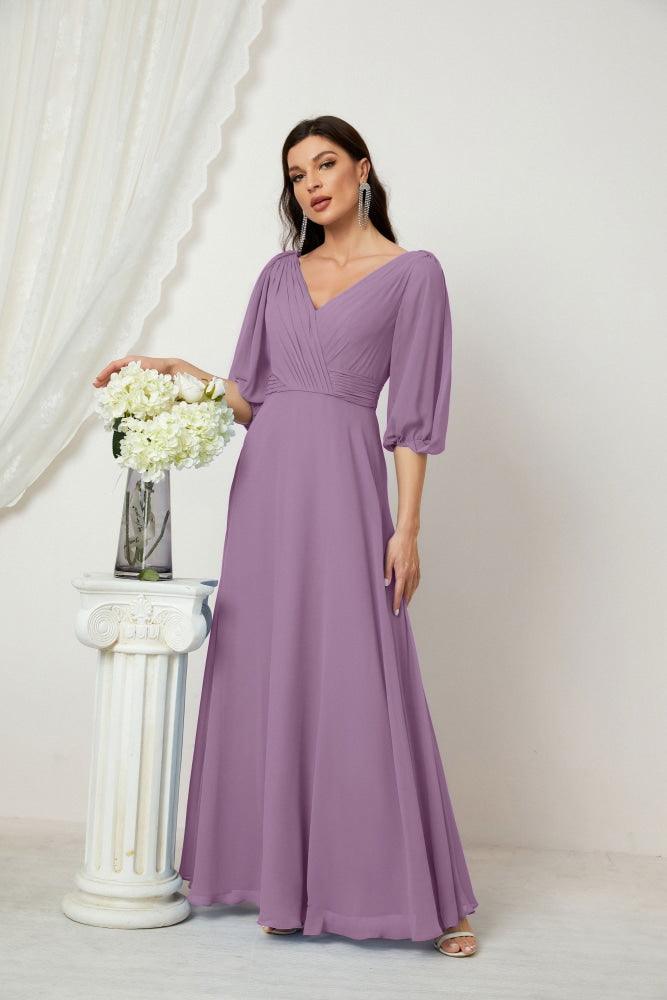 Numbersea  Formal Prom Gown Women V-Neck Chiffon Bridesmaid Dresses Long Bishop Sleeve Party Dress 2807