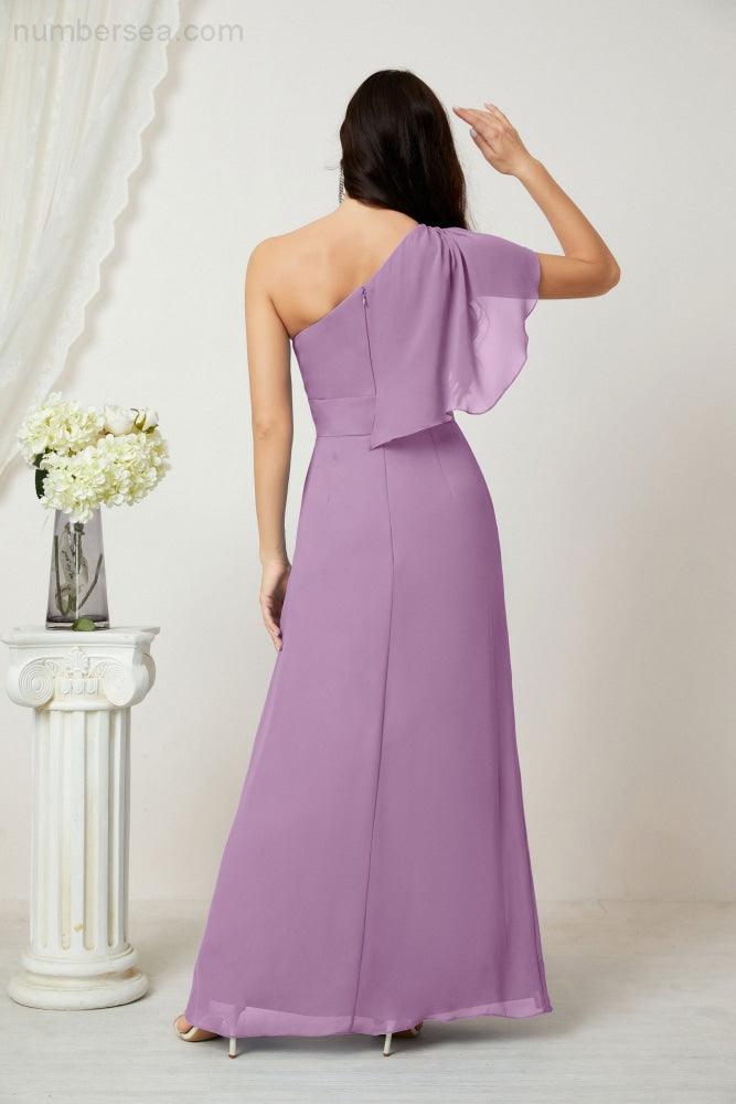 Numbersea  Chiffon Ruffled One Shoulder Long Bridesmaid Dresses A-line Formal Evening Gown Side Split 2809