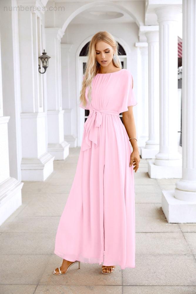 Ladies Chiffon Sleeve Crew Neck Front Slit Floor Length Bridesmaid Evening Dress Wedding Party Evening Dress 28124