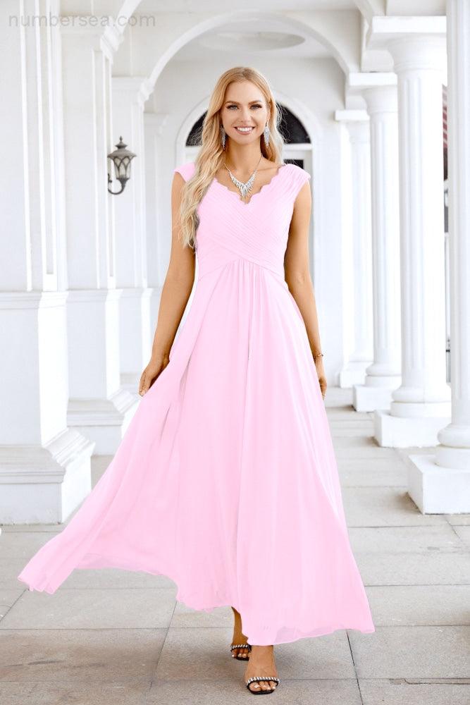 Ladies Chiffon V Neck Sleeveless Floor Length Bridesmaid Evening Dress Wedding Party Evening Dress 28126