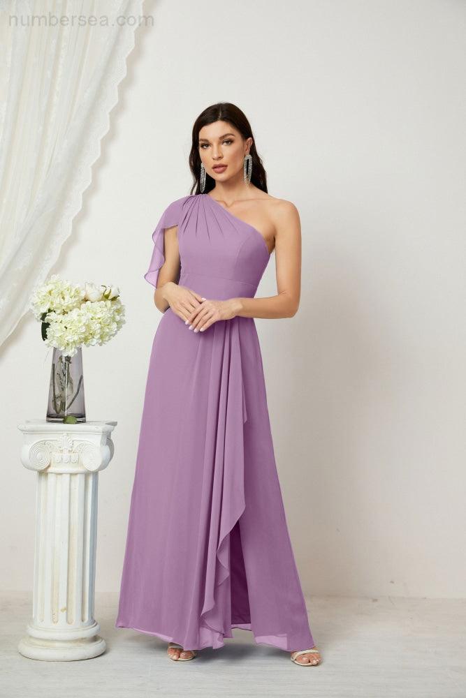 Numbersea  Chiffon Ruffled One Shoulder Long Bridesmaid Dresses A-line Formal Evening Gown Side Split 2809