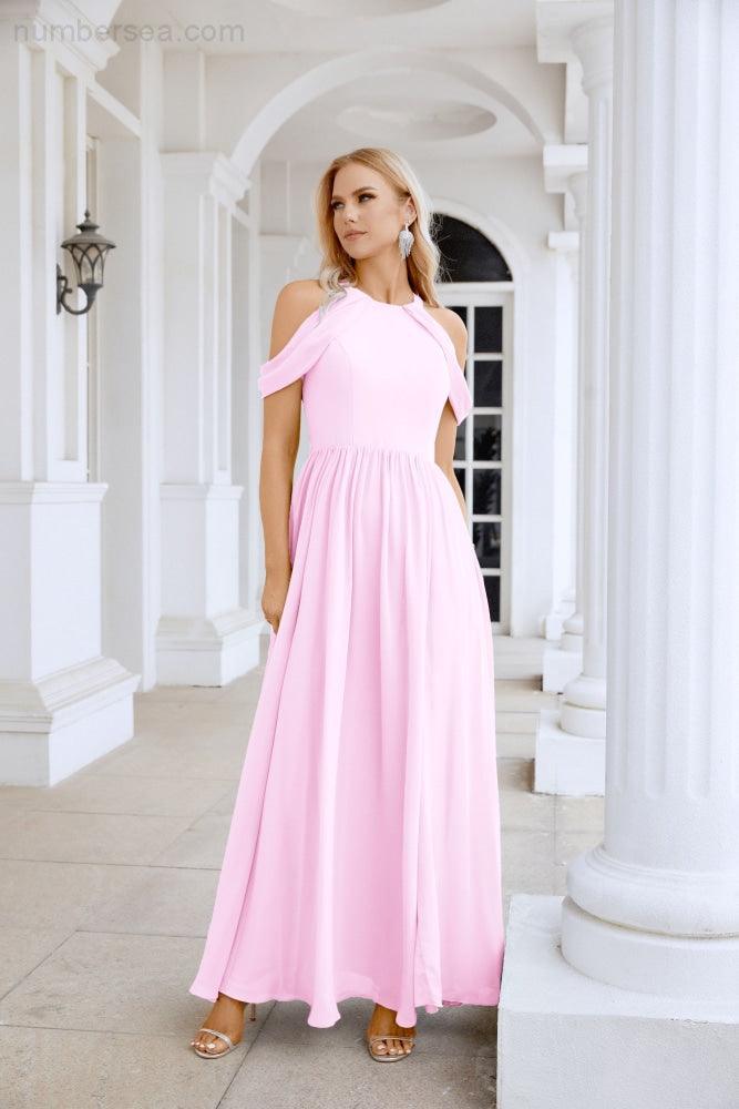 Ladies Chiffon Off Shoulder Swing Sleeve Front Slit Bridesmaid Evening Dress Wedding Party Evening Dress 28117