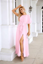 Ladies Chiffon Sleeve Crew Neck Front Slit Floor Length Bridesmaid Evening Dress Wedding Party Evening Dress 28124