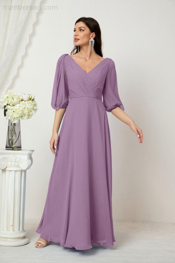 Numbersea  Formal Prom Gown Women V-Neck Chiffon Bridesmaid Dresses Long Bishop Sleeve Party Dress 2807