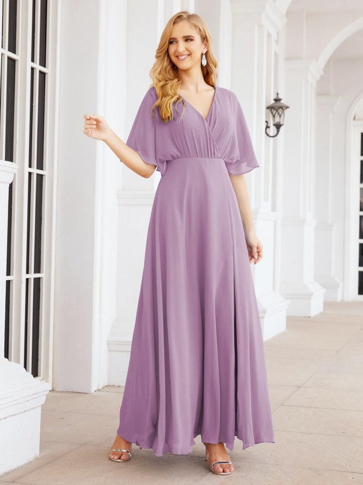 Numbersea V-Neck Bridesmaid Dress Chiffon Long Open Back Formal Dresses for Women Party Evening 28067