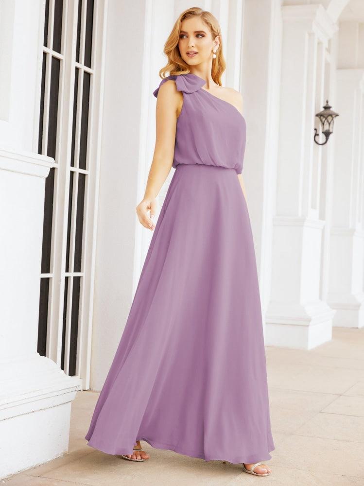 Numbersea Chiffon Ruffled One Shoulder Sleeveless Long Bride Dresses A-line Formal Evening Gown Side Split 28057