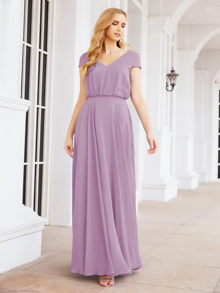 Numbersea V-Neck Bridesmaid Dresses Long Cap Sleeves Prom Evening Formal Gowns 28071