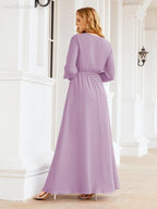 Numbersea Women's Chiffon Bridesmaid Dress A line Long Sleeves Formal Evening Prom Gown for Wedding Guest 28032