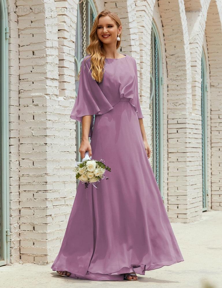 Numbersea  Bridesmaid Dress Women Long Sleeve V-Neck Chiffon Formal Wedding Party Dress 28018