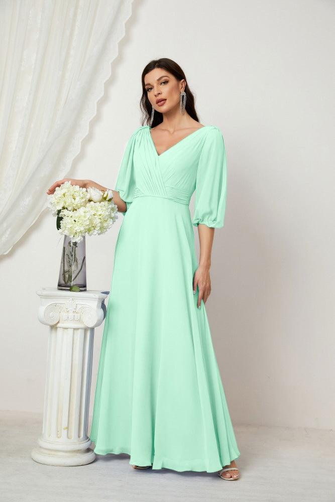 Numbersea  Formal Prom Gown Women V-Neck Chiffon Bridesmaid Dresses Long Bishop Sleeve Party Dress 2807