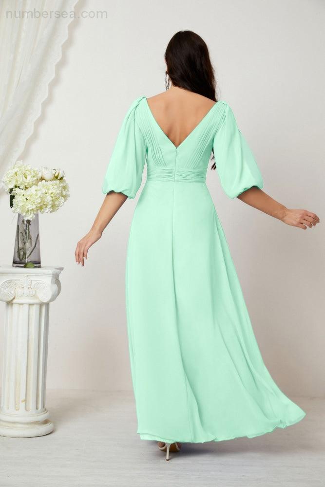 Numbersea  Formal Prom Gown Women V-Neck Chiffon Bridesmaid Dresses Long Bishop Sleeve Party Dress 2807