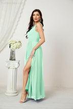 Numbersea Chiffon V-Neck Bridesmaid Dress Spaghetti Strap Long Formal Party Prom Gowns with Slit 28010