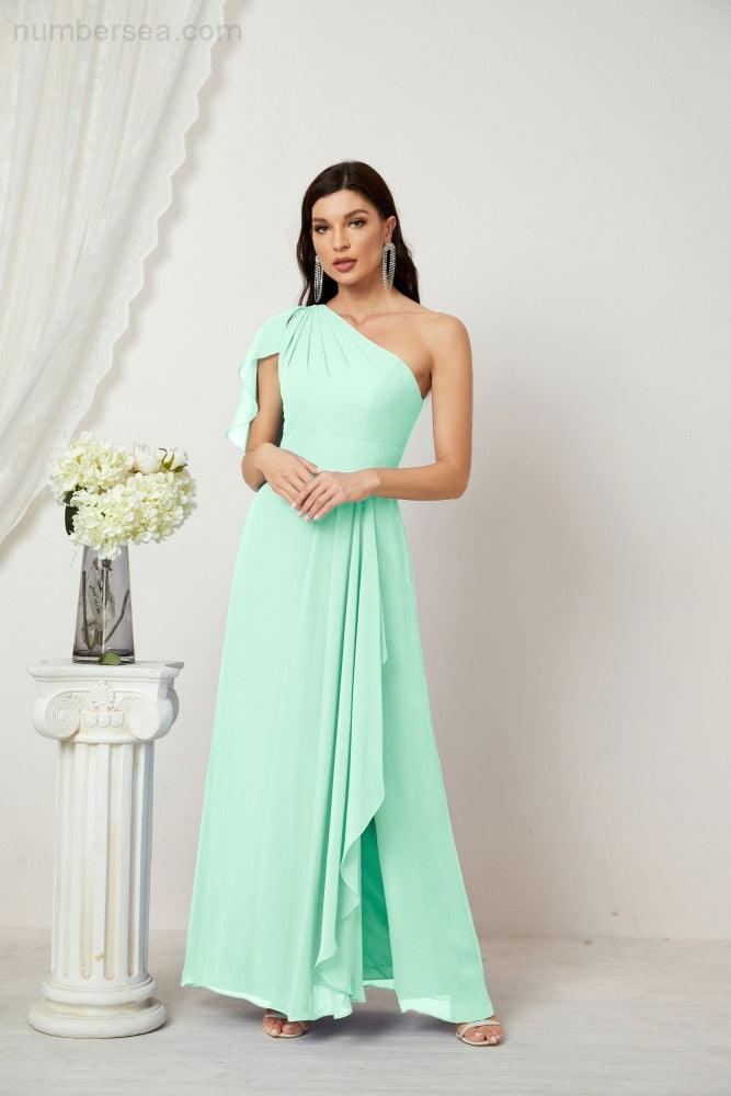 Numbersea  Chiffon Ruffled One Shoulder Long Bridesmaid Dresses A-line Formal Evening Gown Side Split 2809