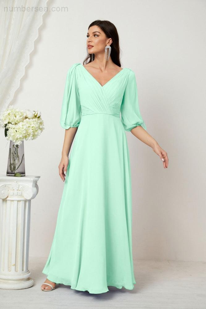 Numbersea  Formal Prom Gown Women V-Neck Chiffon Bridesmaid Dresses Long Bishop Sleeve Party Dress 2807