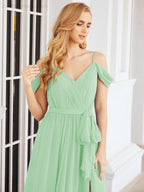 Numbersea Off The Shoulder Chiffon Bridesmaid Dress Long Formal Graduation Gown with Cowl Back 28069