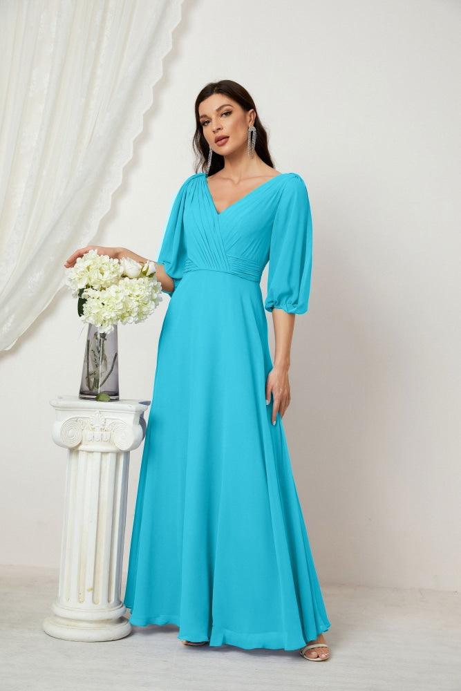 Numbersea  Formal Prom Gown Women V-Neck Chiffon Bridesmaid Dresses Long Bishop Sleeve Party Dress 2807