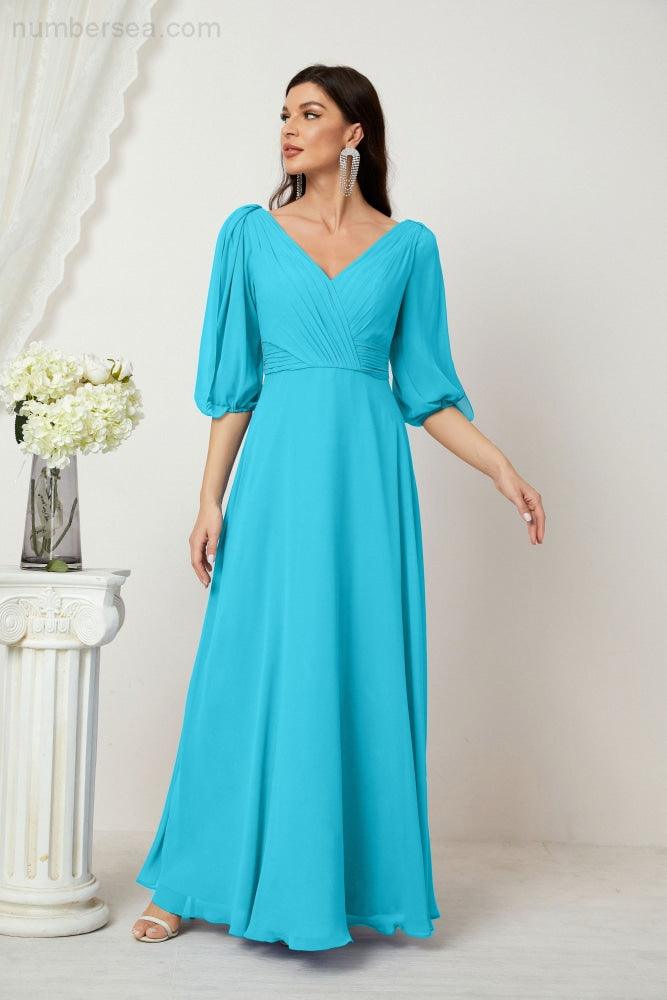 Numbersea  Formal Prom Gown Women V-Neck Chiffon Bridesmaid Dresses Long Bishop Sleeve Party Dress 2807