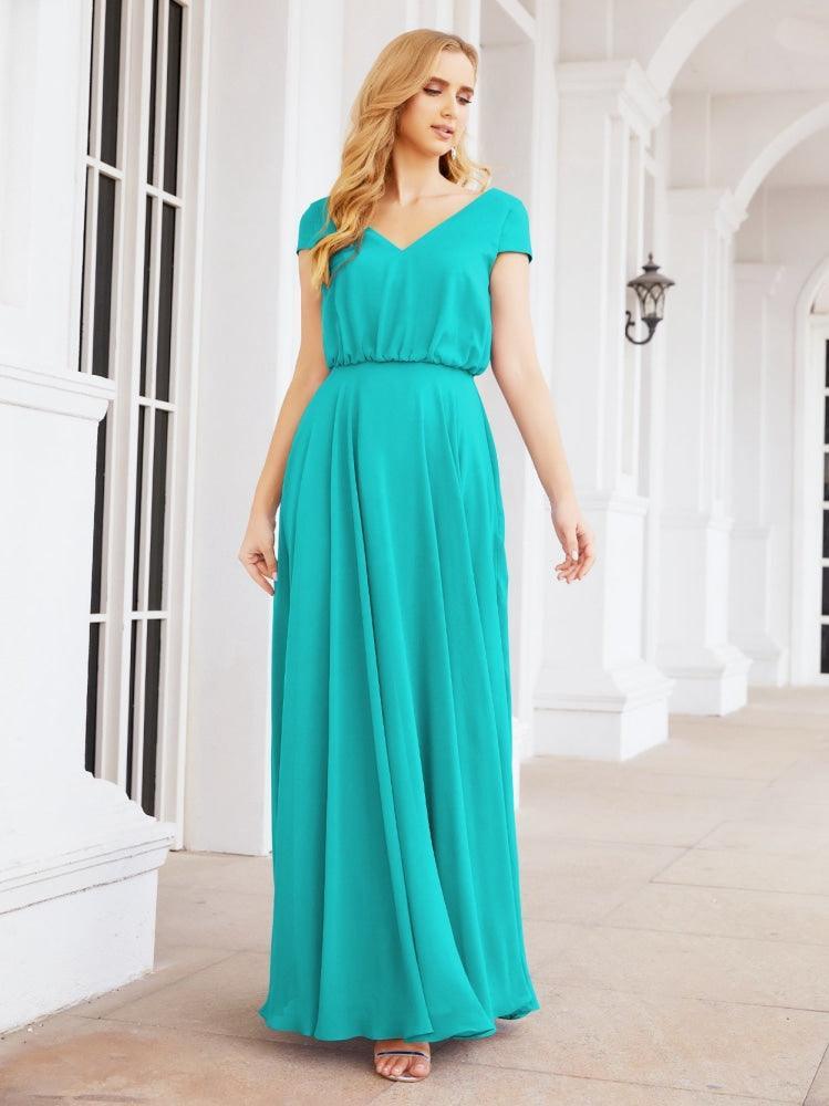 Numbersea V-Neck Bridesmaid Dresses Long Cap Sleeves Prom Evening Formal Gowns 28071
