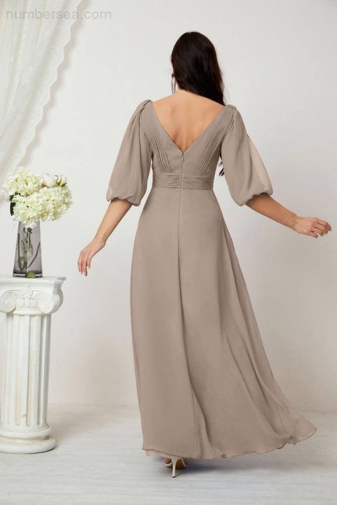 Numbersea  Formal Prom Gown Women V-Neck Chiffon Bridesmaid Dresses Long Bishop Sleeve Party Dress 2807
