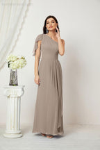Numbersea  Chiffon Ruffled One Shoulder Long Bridesmaid Dresses A-line Formal Evening Gown Side Split 2809