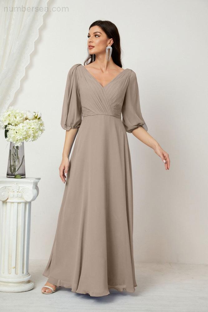 Numbersea  Formal Prom Gown Women V-Neck Chiffon Bridesmaid Dresses Long Bishop Sleeve Party Dress 2807