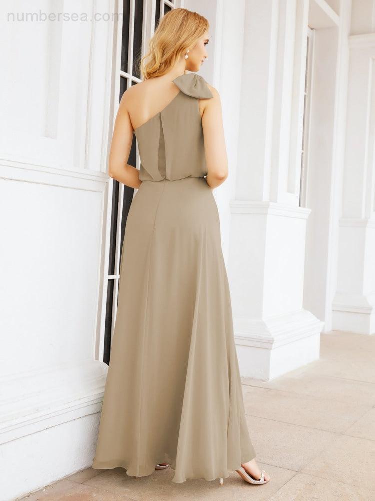 Numbersea Chiffon Ruffled One Shoulder Sleeveless Long Bride Dresses A-line Formal Evening Gown Side Split 28057