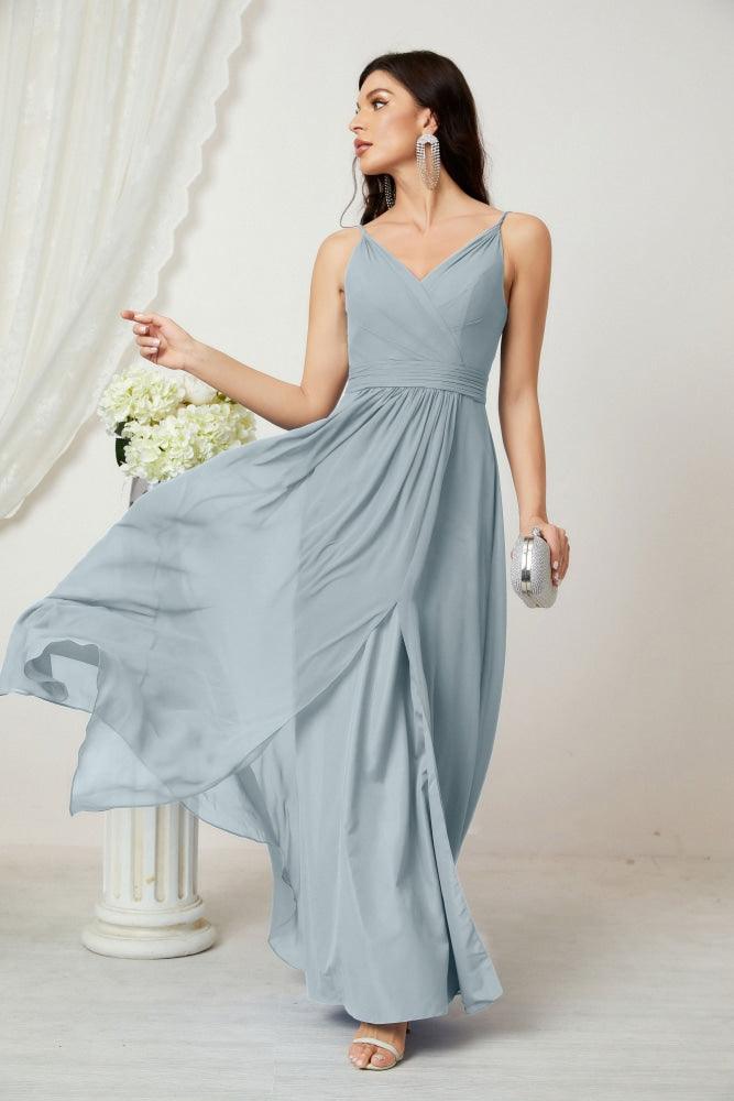 Numbersea Chiffon V-Neck Bridesmaid Dress Spaghetti Strap Long Formal Party Prom Gowns with Slit 28010