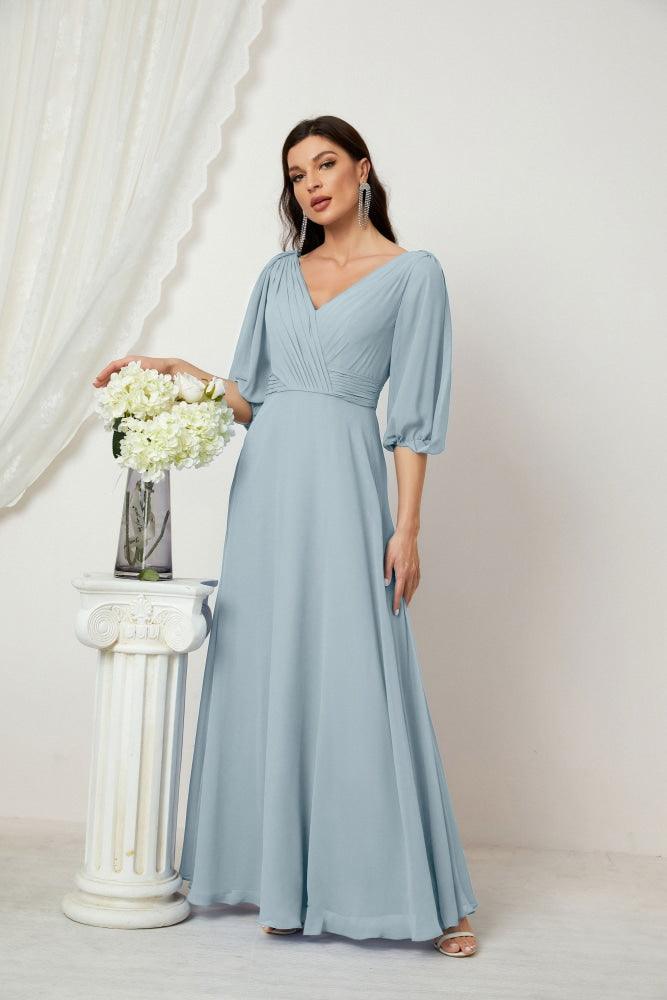 Numbersea  Formal Prom Gown Women V-Neck Chiffon Bridesmaid Dresses Long Bishop Sleeve Party Dress 2807