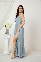 Numbersea Chiffon V-Neck Bridesmaid Dress Spaghetti Strap Long Formal Party Prom Gowns with Slit 28010
