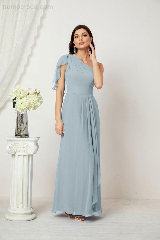 Numbersea  Chiffon Ruffled One Shoulder Long Bridesmaid Dresses A-line Formal Evening Gown Side Split 2809