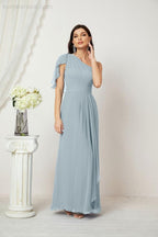 Numbersea  Chiffon Ruffled One Shoulder Long Bridesmaid Dresses A-line Formal Evening Gown Side Split 2809