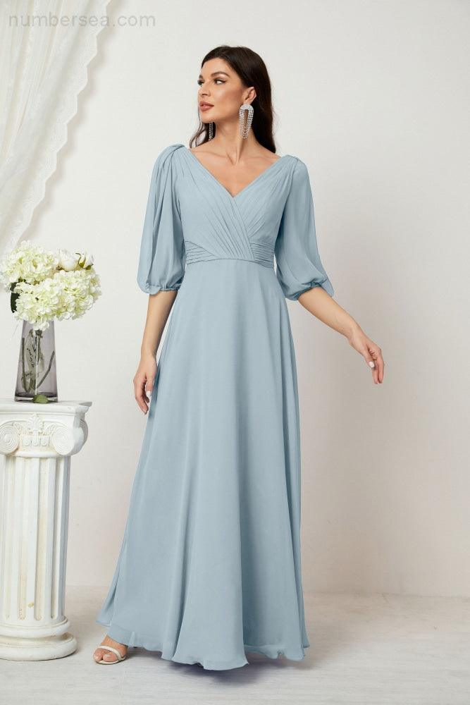 Numbersea  Formal Prom Gown Women V-Neck Chiffon Bridesmaid Dresses Long Bishop Sleeve Party Dress 2807