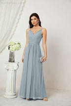 Numbersea Chiffon V-Neck Bridesmaid Dress Spaghetti Strap Long Formal Party Prom Gowns with Slit 28010