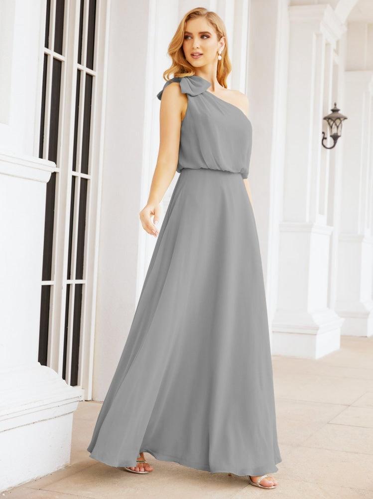 Numbersea Chiffon Ruffled One Shoulder Sleeveless Long Bride Dresses A-line Formal Evening Gown Side Split 28057